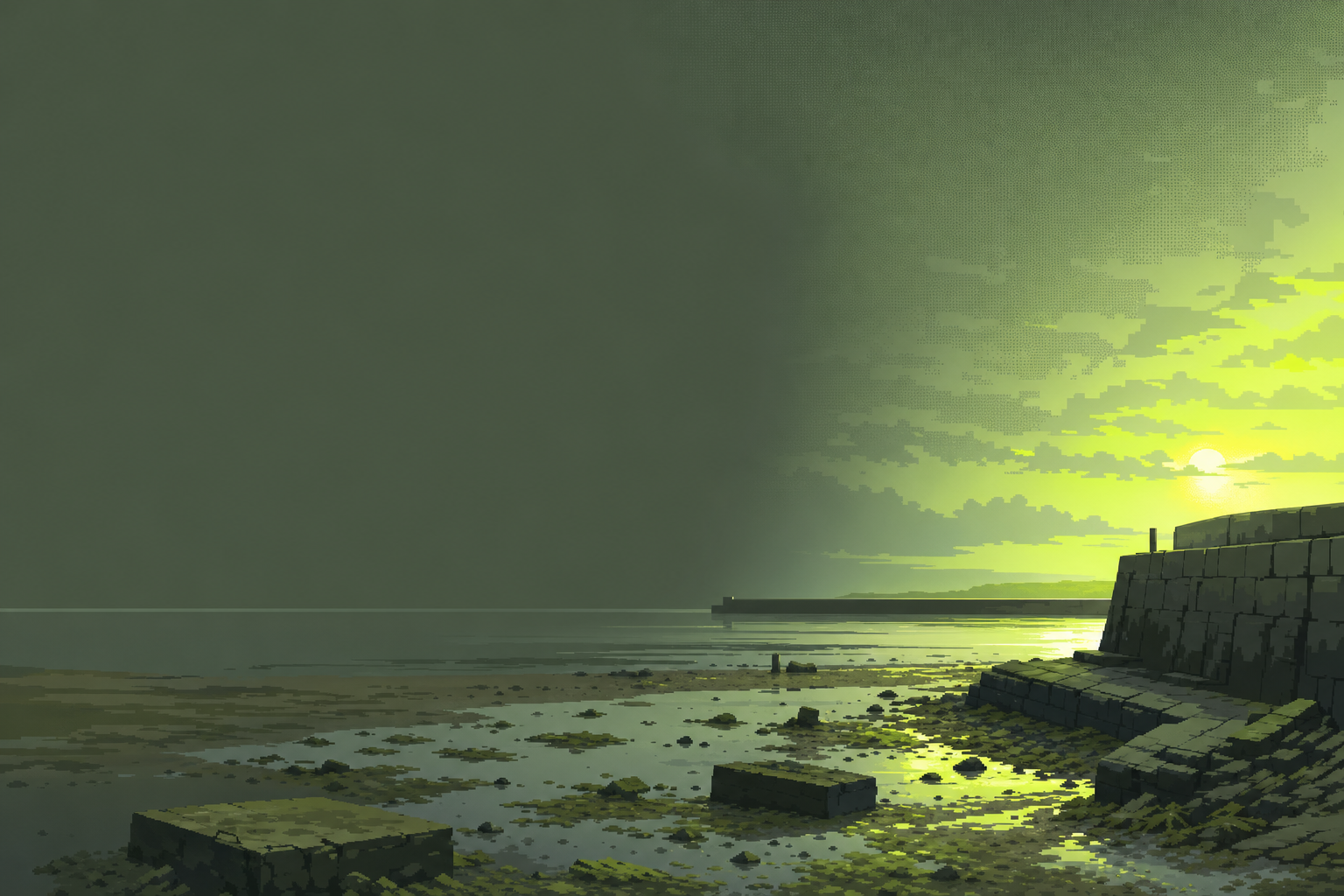 Pixel-art harbor at low tide, a stone seawall glowing under a lime sunset